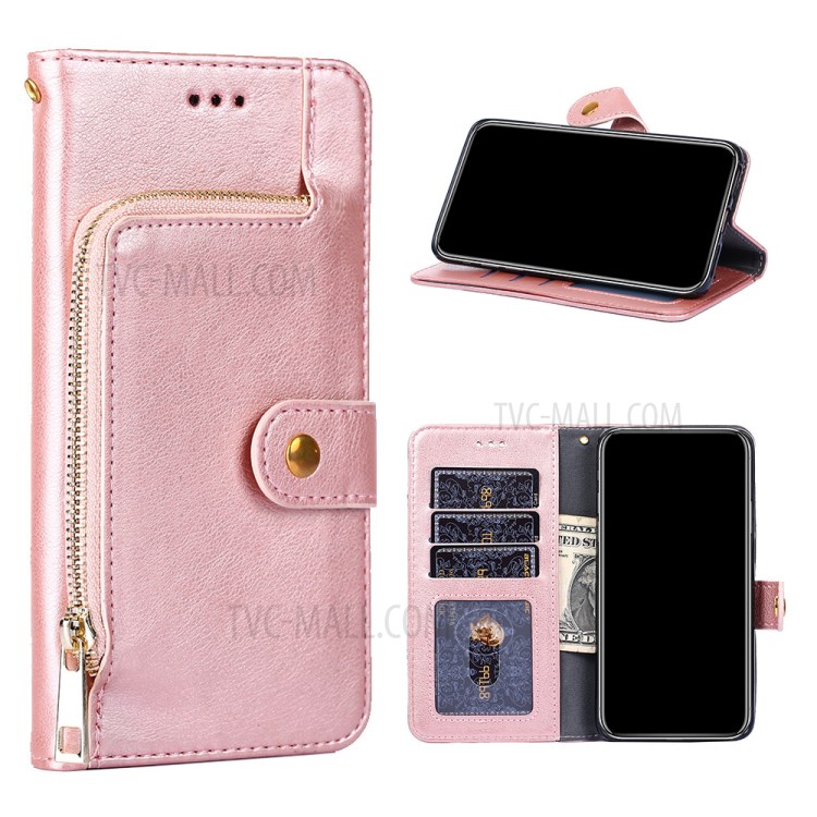 Leather Phone Case with Zipper Pocket for Samsung Galaxy A42 5G Wallet Stand Design Shell - Rose Gold-1