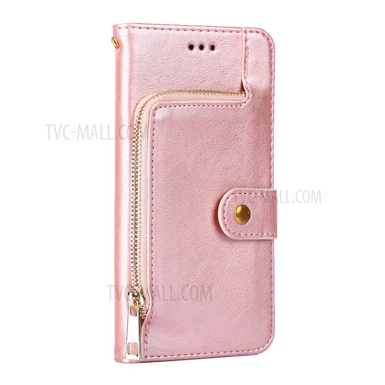 Leather Phone Case with Zipper Pocket for Samsung Galaxy A42 5G Wallet Stand Design Shell - Rose Gold-2