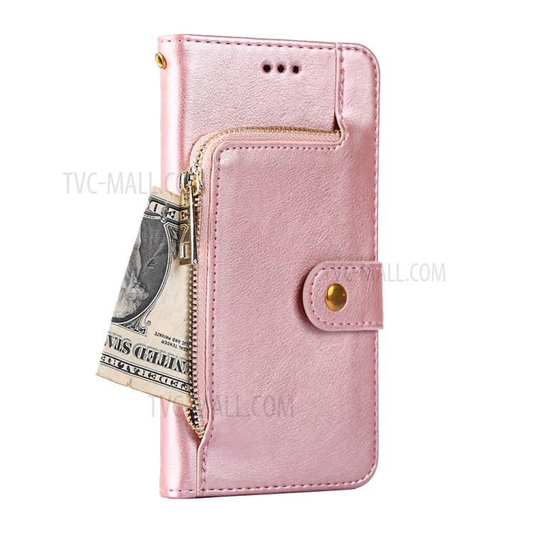 Leather Phone Case with Zipper Pocket for Samsung Galaxy A42 5G Wallet Stand Design Shell - Rose Gold-3