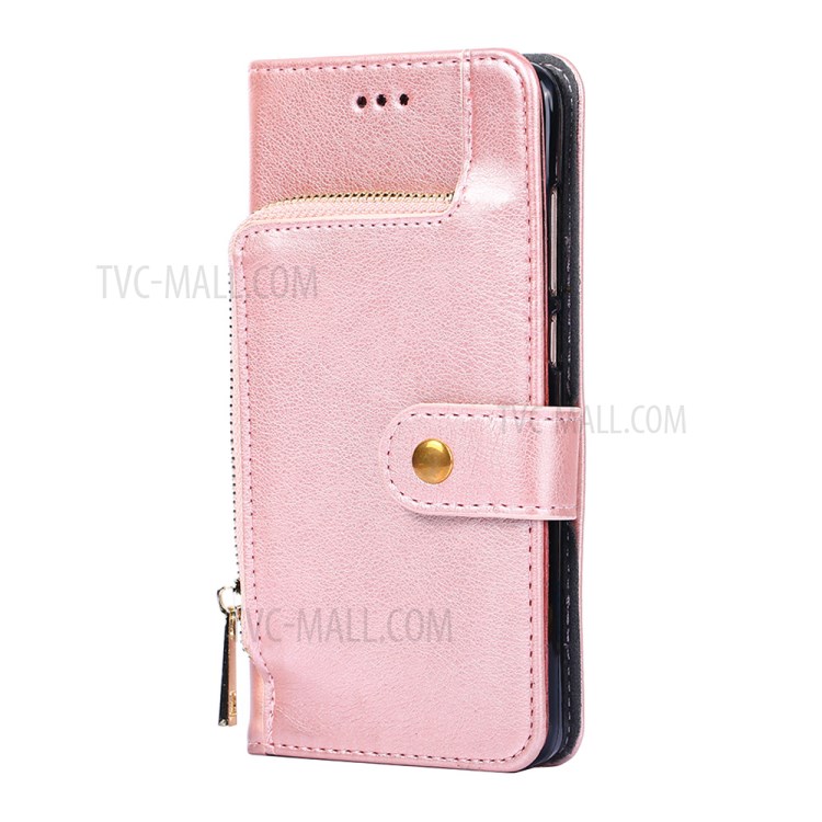 Leather Phone Case with Zipper Pocket for Samsung Galaxy A42 5G Wallet Stand Design Shell - Rose Gold-4