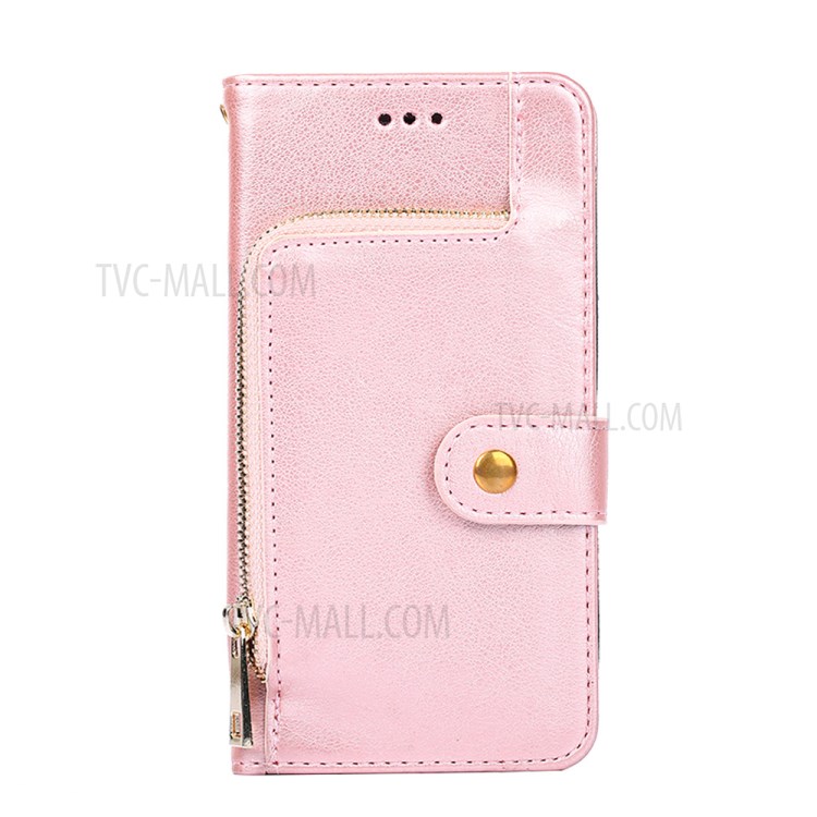 Leather Phone Case with Zipper Pocket for Samsung Galaxy A42 5G Wallet Stand Design Shell - Rose Gold-5