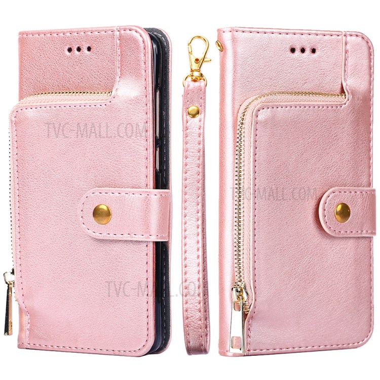 Leather Phone Case with Zipper Pocket for Samsung Galaxy A42 5G Wallet Stand Design Shell - Rose Gold-6