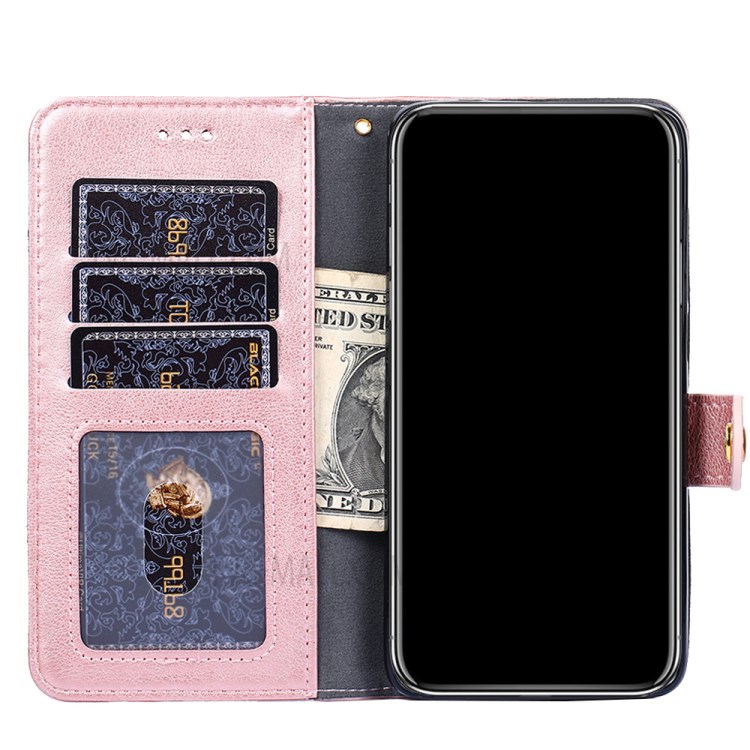 Leather Phone Case with Zipper Pocket for Samsung Galaxy A42 5G Wallet Stand Design Shell - Rose Gold-7