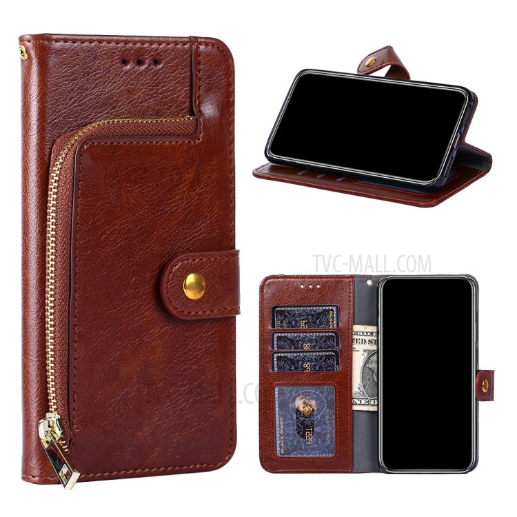 Leather Phone Case with Zipper Pocket for Samsung Galaxy A42 5G Wallet Stand Design Shell - Brown-1
