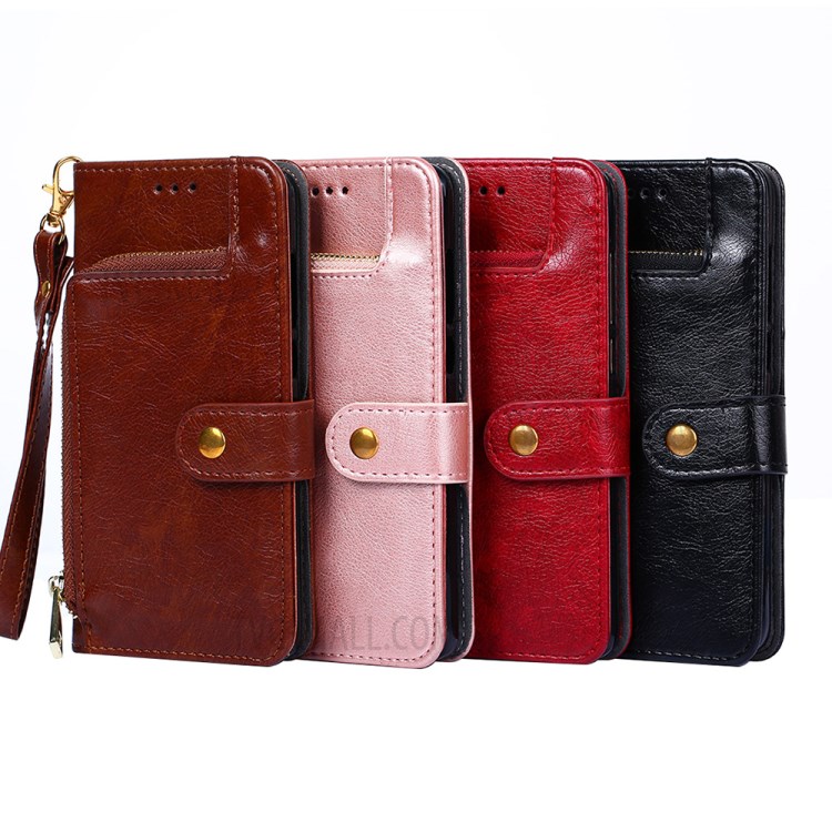 Leather Phone Case with Zipper Pocket for Samsung Galaxy A42 5G Wallet Stand Design Shell - Brown-16