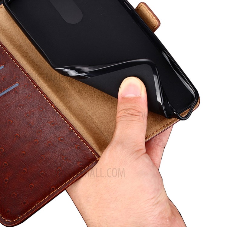 Wallet Stand Design Ostrich Texture PU Leather Phone Case for Samsung Galaxy A32 - Brown-5