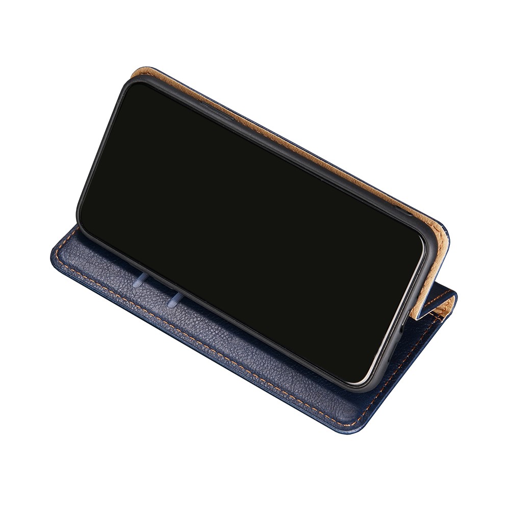 Auto-Magnetic Plain Leather Phone Case for Samsung Galaxy A32 Wallet Stand Design Phone Cover - Blue-8