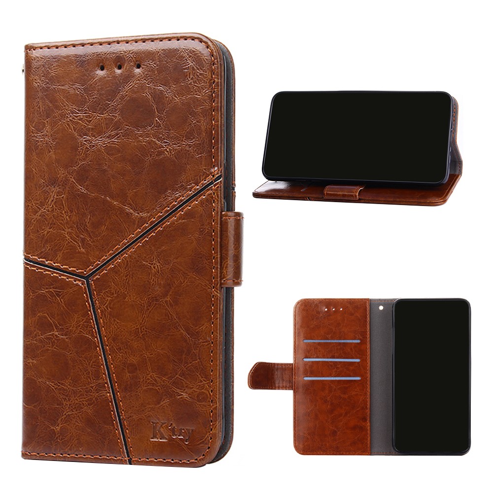 Geometric Splicing Leather Phone Cover for Samsung Galaxy A32 5G Wallet Stand Design Case - Light Brown-1