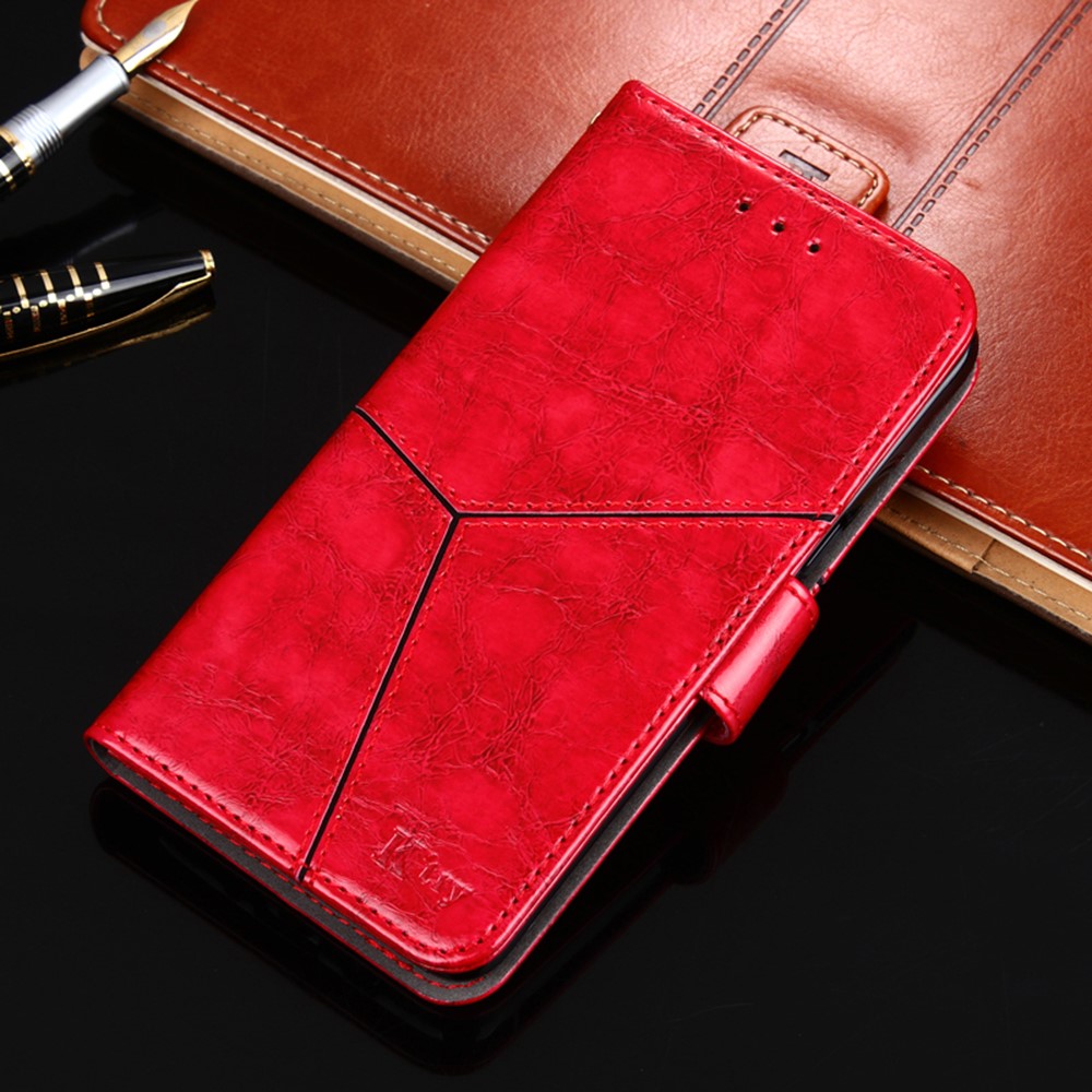 Geometric Splicing Leather Phone Cover for Samsung Galaxy A32 5G Wallet Stand Design Case - Red-3