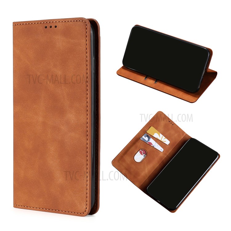 Skin-Touch Feeling Auto-absorbed Leather Cover for Samsung Galaxy A32 Card Holder Design Phone Shell - Light Brown-1