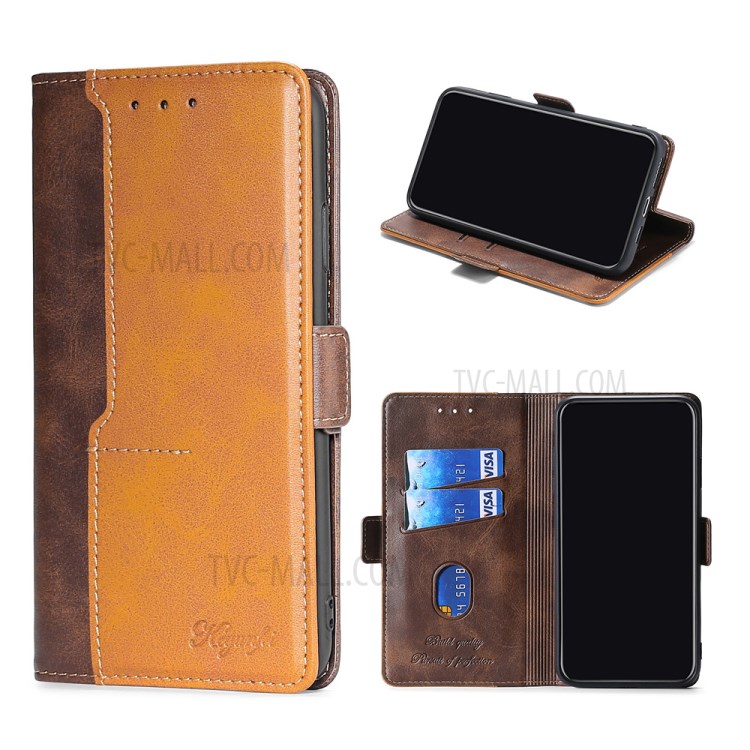 Color Splicing Design Leather Mobile Phone Case with Card Slot for Samsung Galaxy A12 - Light Brown/Brown-1