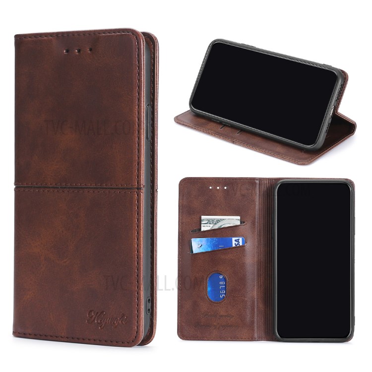 Auto-absorbed Leather Stand Case with Card Slots for Samsung Galaxy A12 - Dark Brown-1