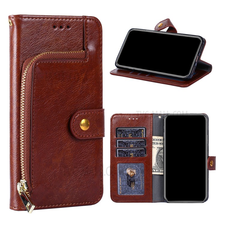 Zipper Pocket Design Leather Phone Wallet Stand Case for Samsung Galaxy A12 - Brown-1