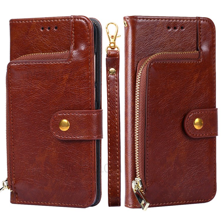 Zipper Pocket Design Leather Phone Wallet Stand Case for Samsung Galaxy A12 - Brown-11