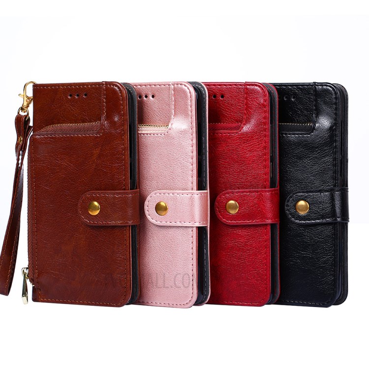 Zipper Pocket Design Leather Phone Wallet Stand Case for Samsung Galaxy A12 - Brown-16