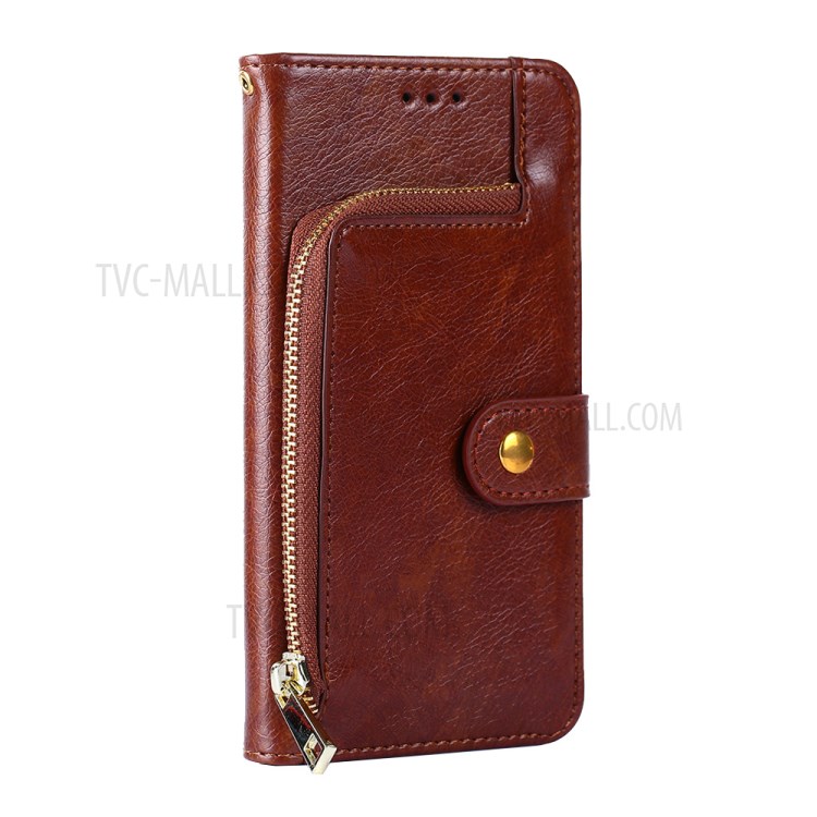 Zipper Pocket Design Leather Phone Wallet Stand Case for Samsung Galaxy A12 - Brown-2