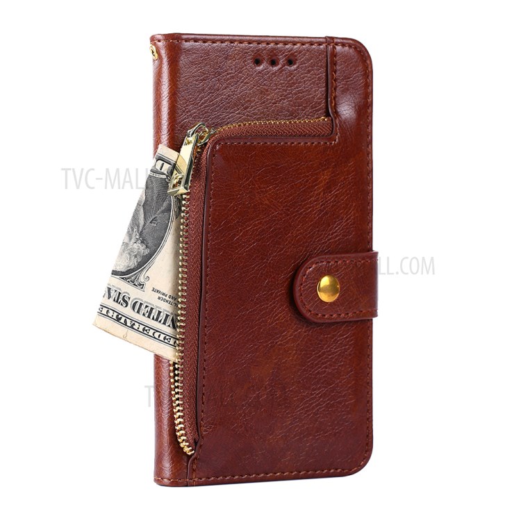 Zipper Pocket Design Leather Phone Wallet Stand Case for Samsung Galaxy A12 - Brown-3