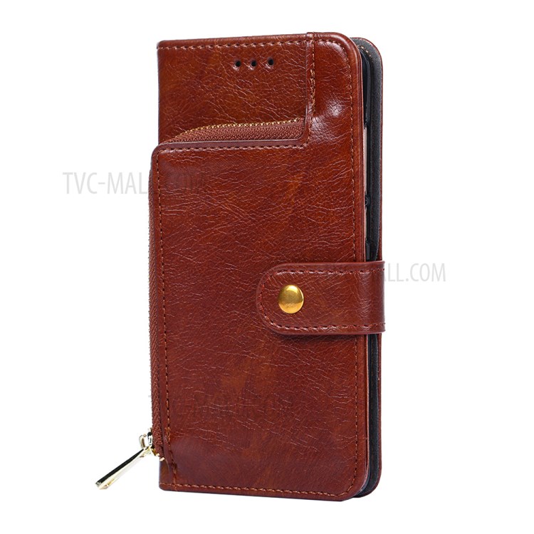 Zipper Pocket Design Leather Phone Wallet Stand Case for Samsung Galaxy A12 - Brown-4