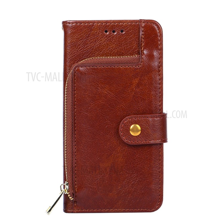 Zipper Pocket Design Leather Phone Wallet Stand Case for Samsung Galaxy A12 - Brown-5