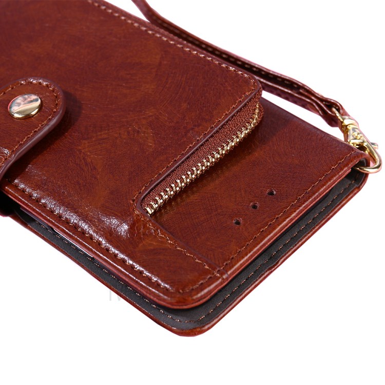 Zipper Pocket Design Leather Phone Wallet Stand Case for Samsung Galaxy A12 - Brown-6