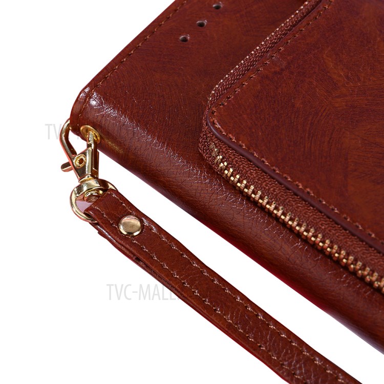 Zipper Pocket Design Leather Phone Wallet Stand Case for Samsung Galaxy A12 - Brown-7