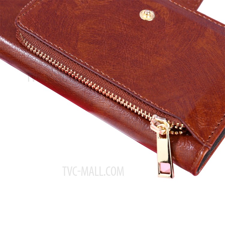 Zipper Pocket Design Leather Phone Wallet Stand Case for Samsung Galaxy A12 - Brown-8