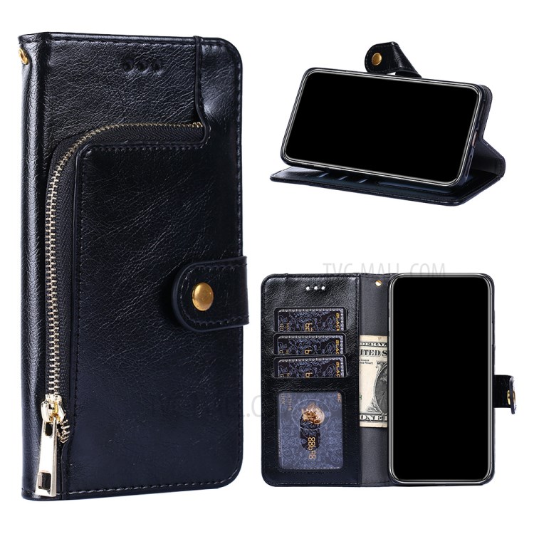 Zipper Pocket Design Leather Phone Wallet Stand Case for Samsung Galaxy A12 - Black-1