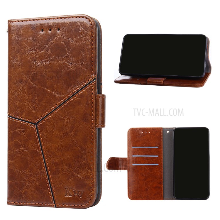 Wallet Stand Design Geometric Splicing Leather Phone Cover for Samsung Galaxy A12 - Light Brown-1