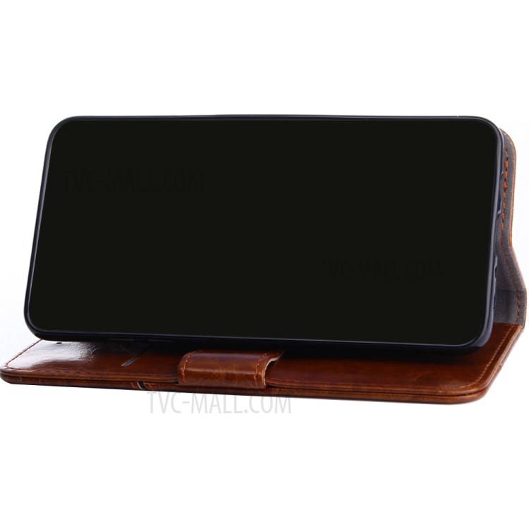 Wallet Stand Design Geometric Splicing Leather Phone Cover for Samsung Galaxy A12 - Light Brown-10