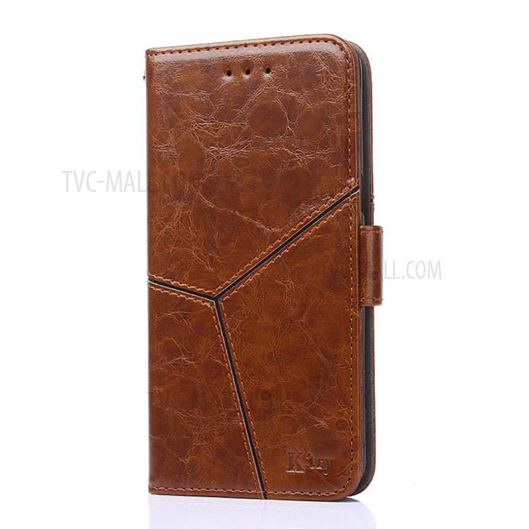 Wallet Stand Design Geometric Splicing Leather Phone Cover for Samsung Galaxy A12 - Light Brown-2