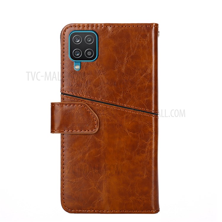 Wallet Stand Design Geometric Splicing Leather Phone Cover for Samsung Galaxy A12 - Light Brown-8