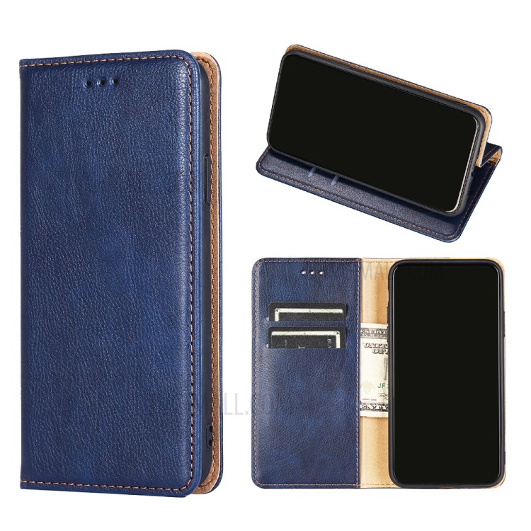 Wallet Stand Design Auto-Magnetic Plain Leather Phone Case for Samsung Galaxy A12 - Blue-1