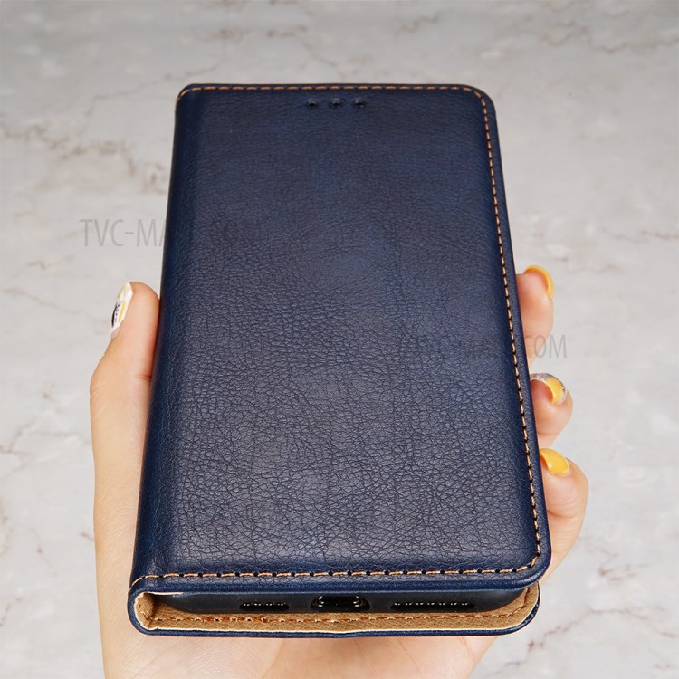 Wallet Stand Design Auto-Magnetic Plain Leather Phone Case for Samsung Galaxy A12 - Blue-3