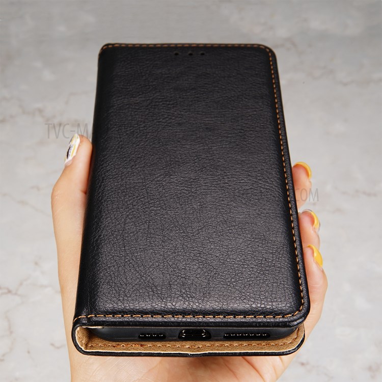 Wallet Stand Design Auto-Magnetic Plain Leather Phone Case for Samsung Galaxy A12 - Black-2