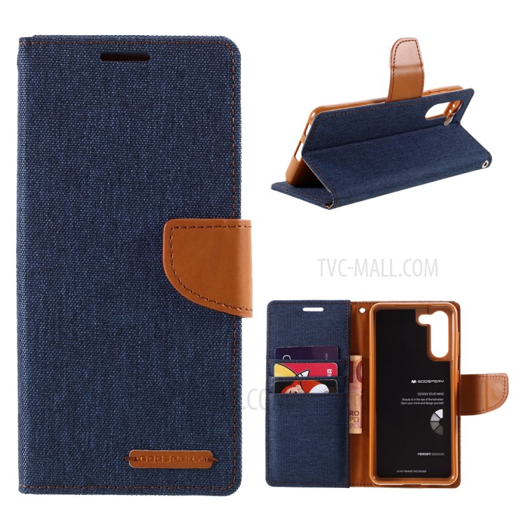 MERCURY GOOSPERY for Samsung Galaxy S21 5G Canvas Diary Stand Leather Cell Phone Cover - Dark Blue-1