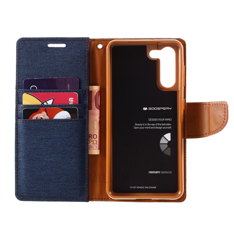 MERCURY GOOSPERY for Samsung Galaxy S21 5G Canvas Diary Stand Leather Cell Phone Cover - Dark Blue-6