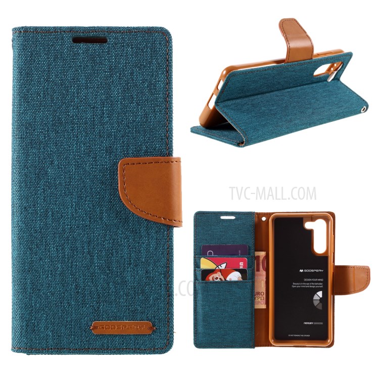 MERCURY GOOSPERY for Samsung Galaxy S21 5G Canvas Diary Stand Leather Cell Phone Cover - Green-1
