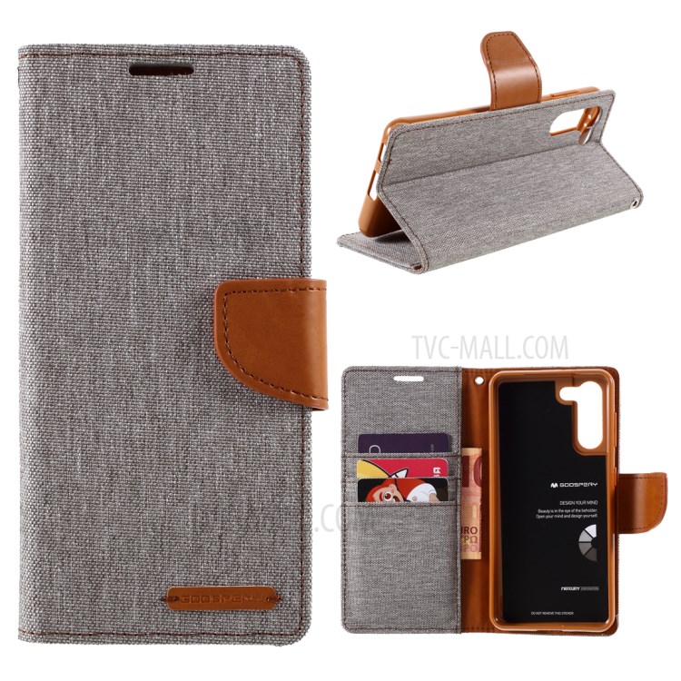 MERCURY GOOSPERY for Samsung Galaxy S21 5G Canvas Diary Stand Leather Cell Phone Cover - Grey-1