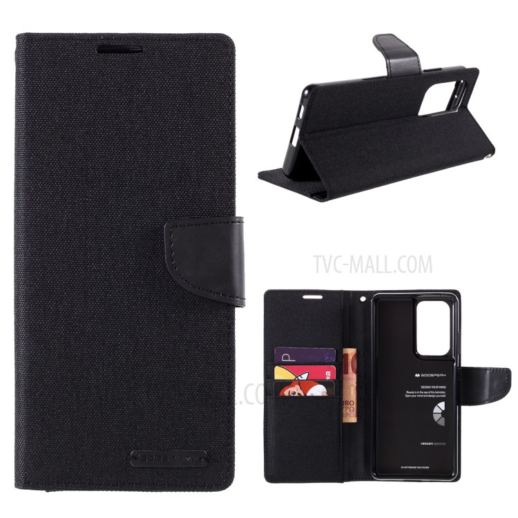 MERCURY GOOSPERY Canvas Diary Leather Wallet Design Cell Phone Stand Cover for Samsung Galaxy S21 Ultra - Black-1