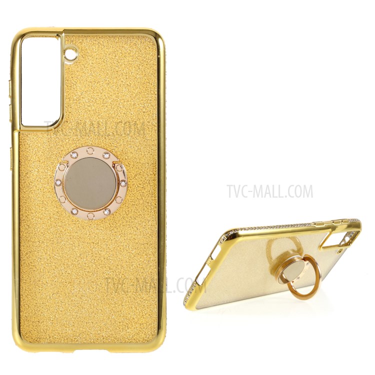 Gleaming Sequins Paper Cover Shell with Rhinestone Decor for Samsung Galaxy S21 TPU Phone Case - Yellow-1