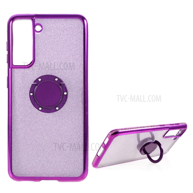 Gleaming Sequins Paper Cover Shell with Rhinestone Decor for Samsung Galaxy S21 5G TPU Phone Case - Purple-1