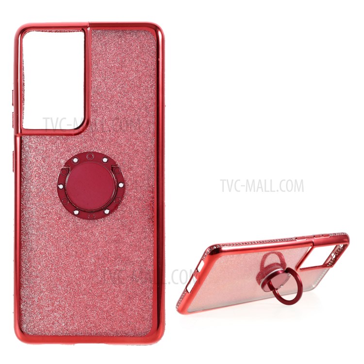 Gleaming Sequins Paper + Electroplating Edge TPU Cover with Rhinestone Decor for Samsung Galaxy S21 Ultra - Watermelon Red-1