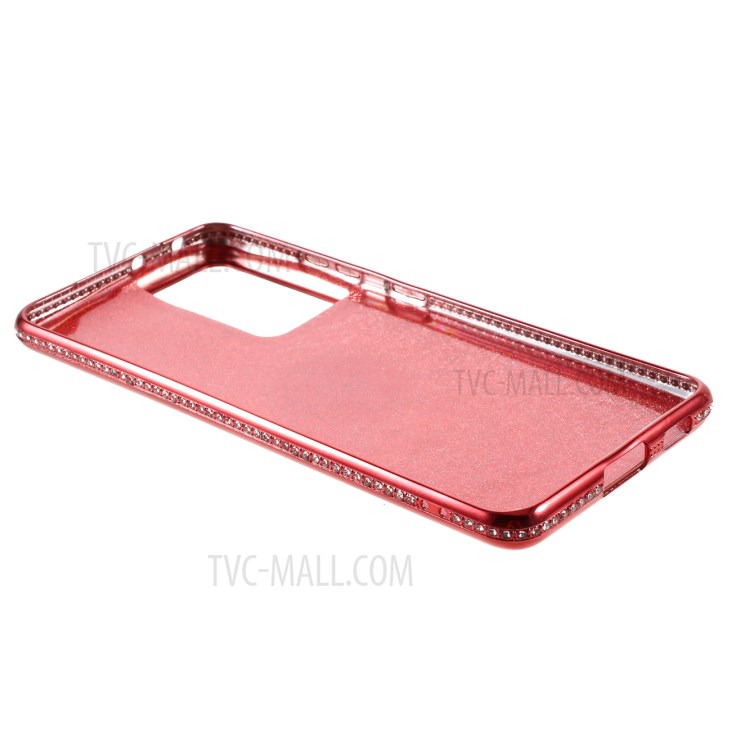 Gleaming Sequins Paper + Electroplating Edge TPU Cover with Rhinestone Decor for Samsung Galaxy S21 Ultra - Watermelon Red-3