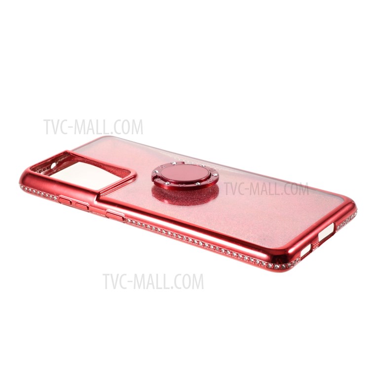 Gleaming Sequins Paper + Electroplating Edge TPU Cover with Rhinestone Decor for Samsung Galaxy S21 Ultra - Watermelon Red-5