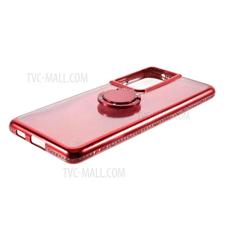 Gleaming Sequins Paper + Electroplating Edge TPU Cover with Rhinestone Decor for Samsung Galaxy S21 Ultra - Watermelon Red-6