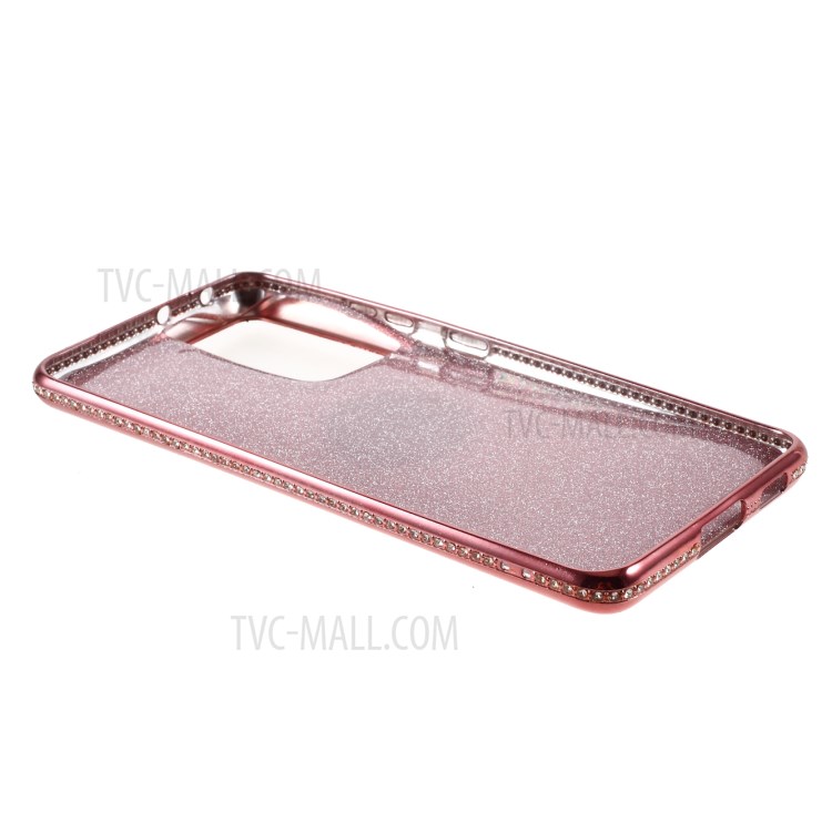 Gleaming Sequins Paper + Electroplating Edge TPU Cover with Rhinestone Decor for Samsung Galaxy S21 Ultra 5G - Red-3