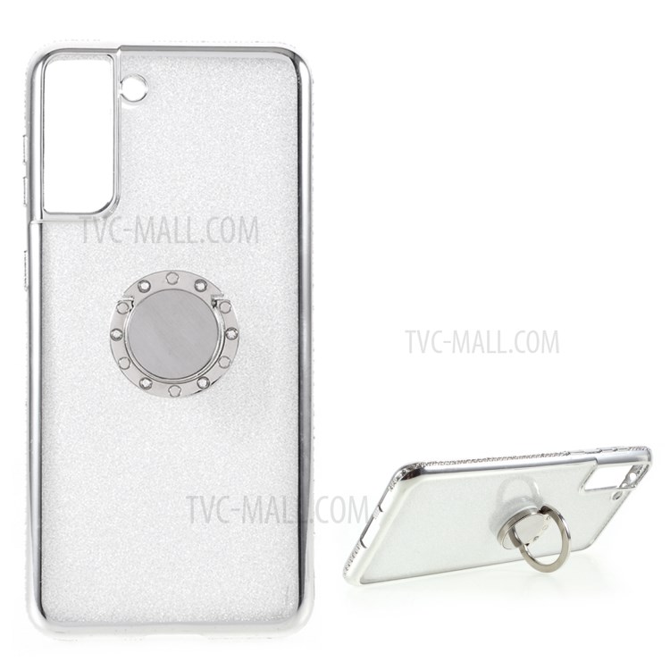 TPU Phone Case + Gleaming Sequins Paper with Rhinestone Decor for Samsung Galaxy S21 Plus 5G - Silver-1