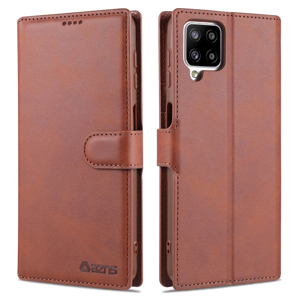 Caixa de Couro AZNS Para Samsung Galaxy A12 Carteira Capa de Proteção Para Telefone Celular - Castanho