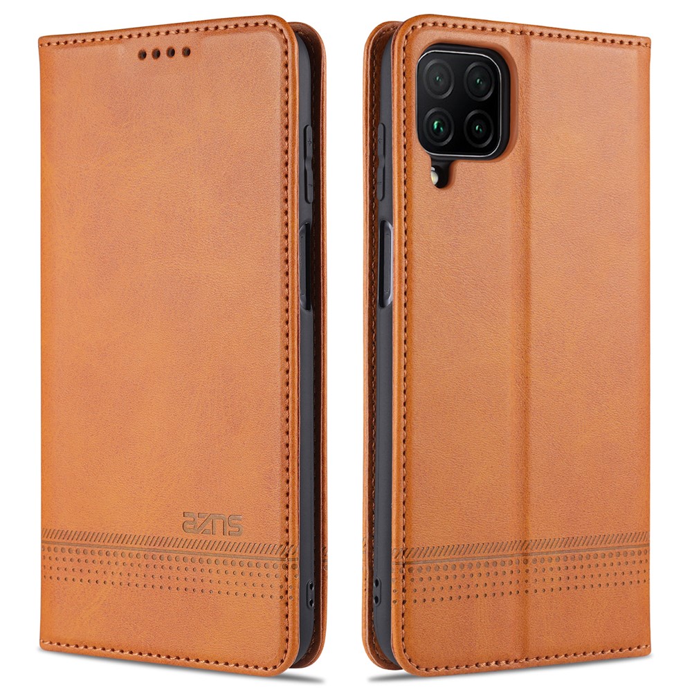 AZNS Auto-absorbed Leather Shell Stand Wallet Case for Samsung Galaxy A12 - Brown-1