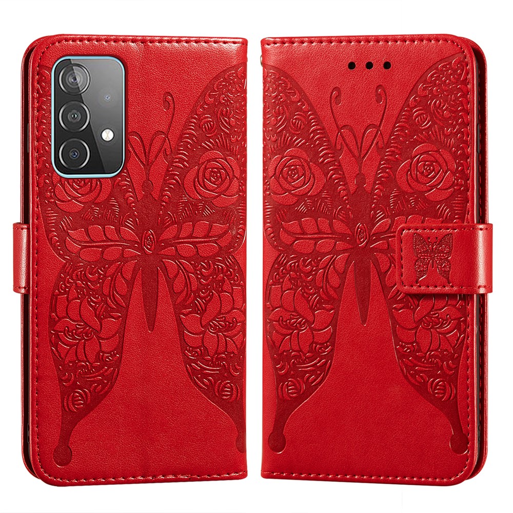 For Samsung Galaxy A52 5G Imprinted Rose Flower Butterflies Pattern Leather Wallet Stand Case - Red-1